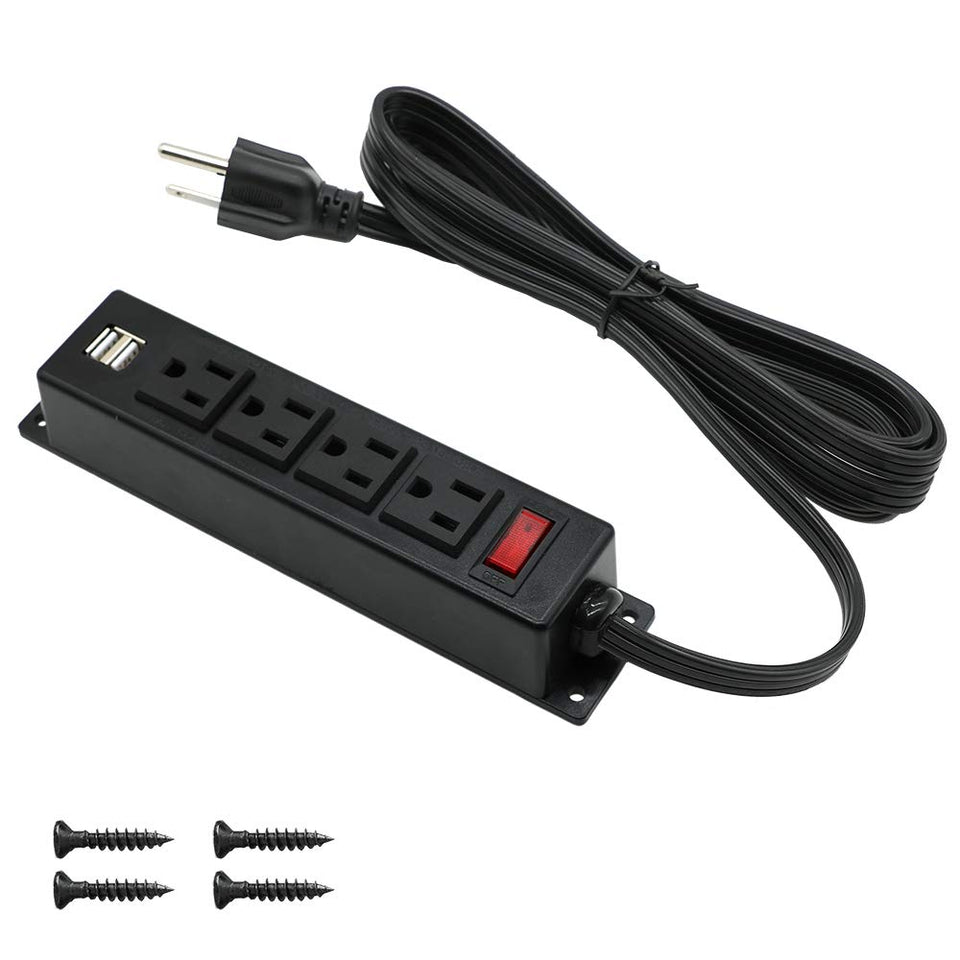 4 LEAF mountable power strip mounted on a desk with USB charging