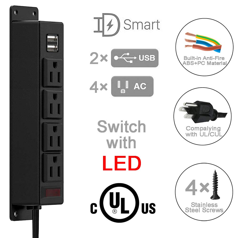 Screws included for secure furniture installation of the power strip