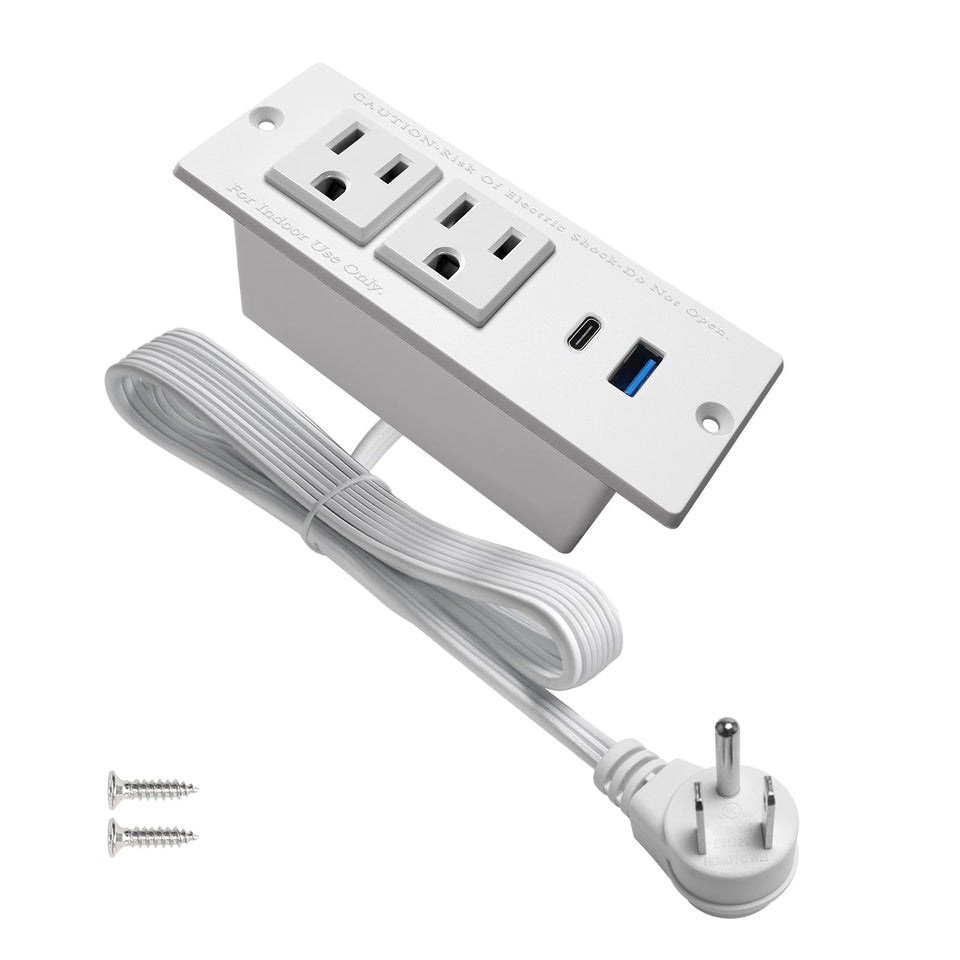 4Leaf USB-C recessed power strip on a tidy desk with two outlets