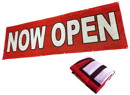 4LessCo front view of red NOW OPEN banner showing high visibility