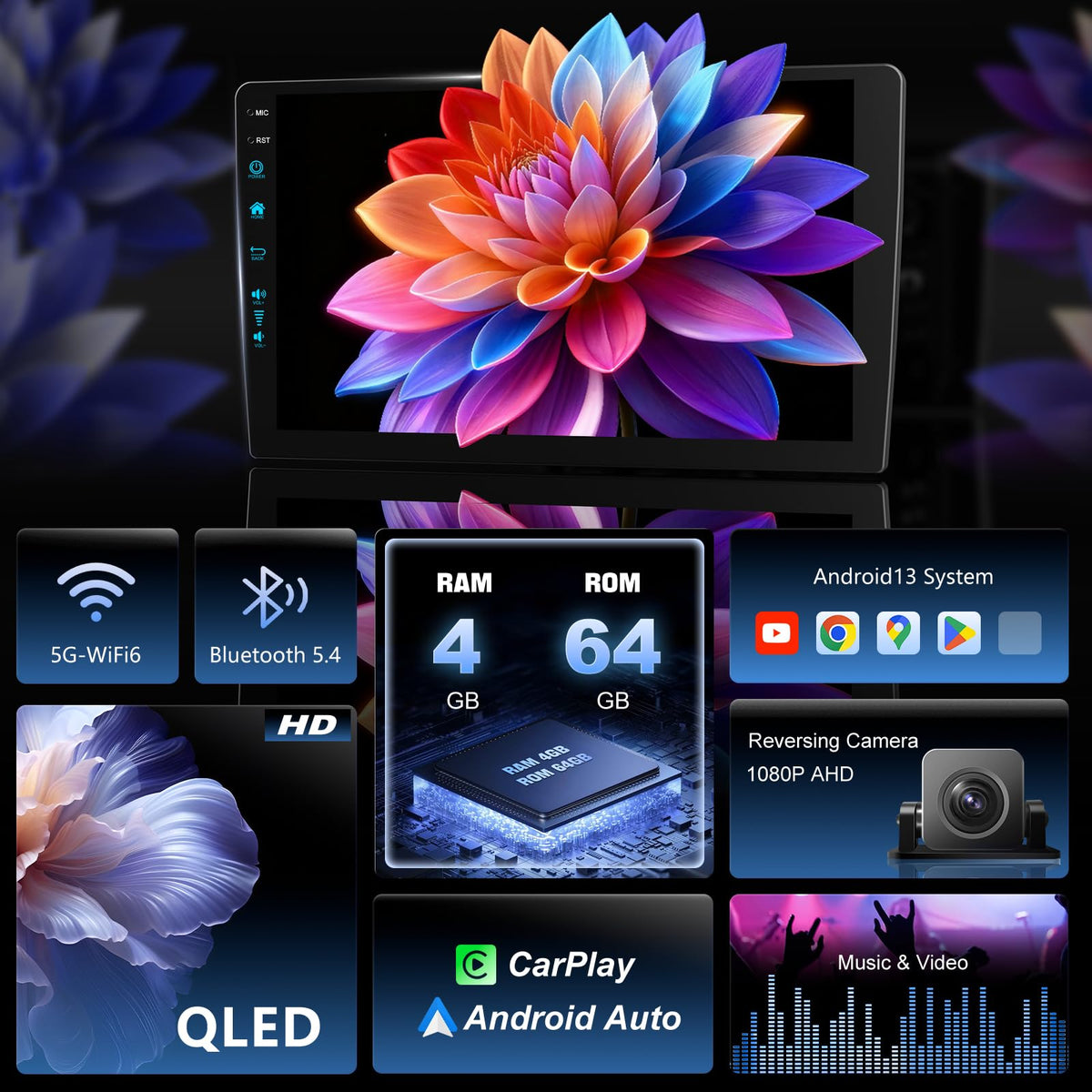 4uAuto 1280x720 touchscreen display for clear navigation and media viewing