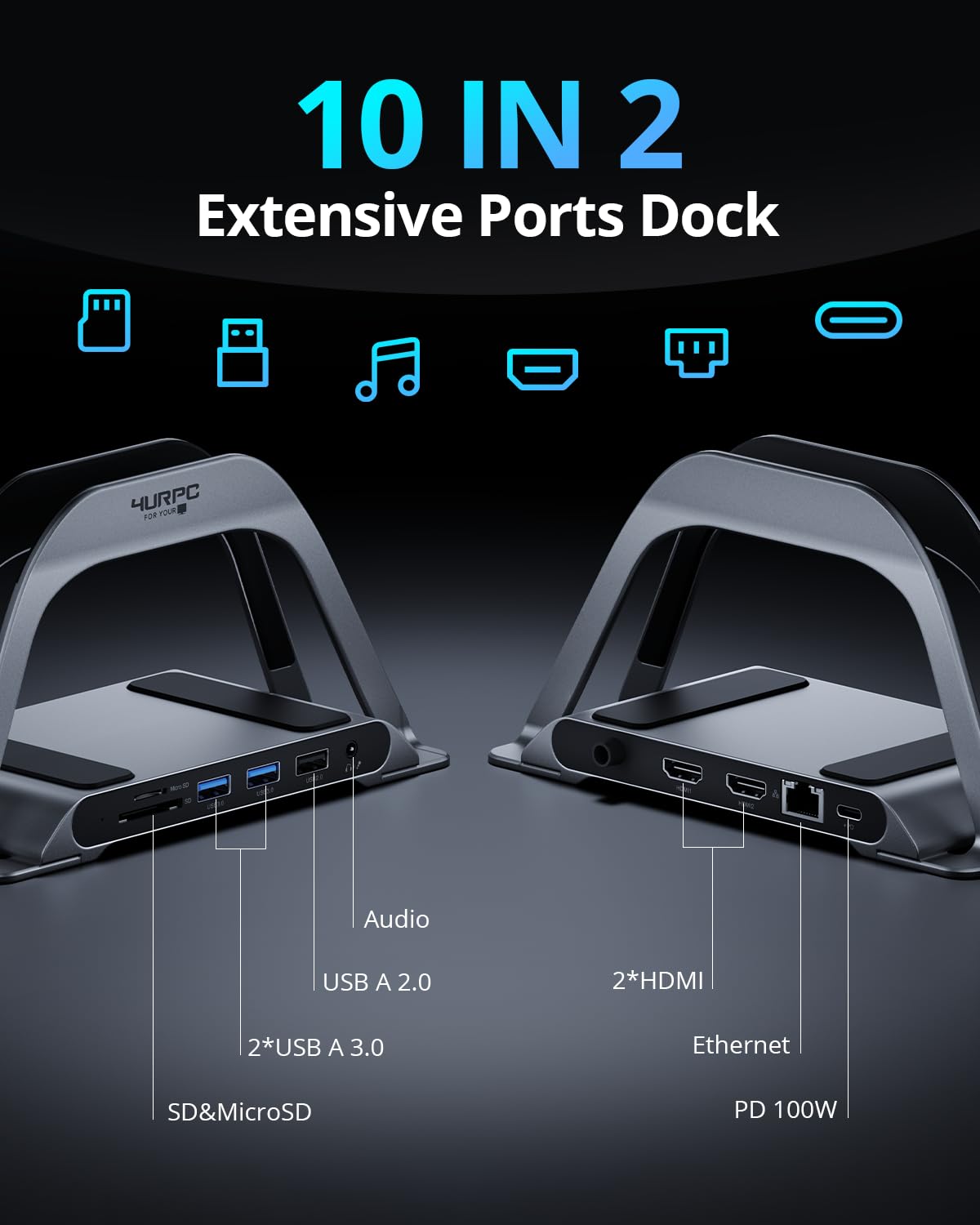 4URPC dock on desk with monitors and accessories, supports productivity