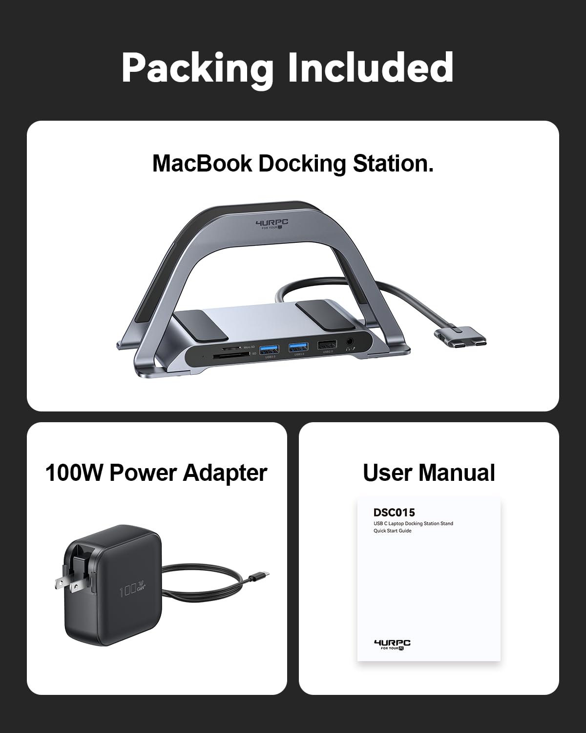 4URPC dock next to laptop for scale, compact vertical footprint
