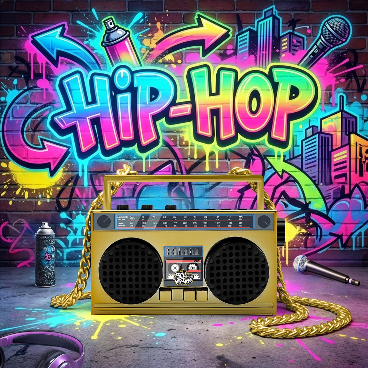 Four color variants of the 50th Anniversary Hip Hop portable speaker.