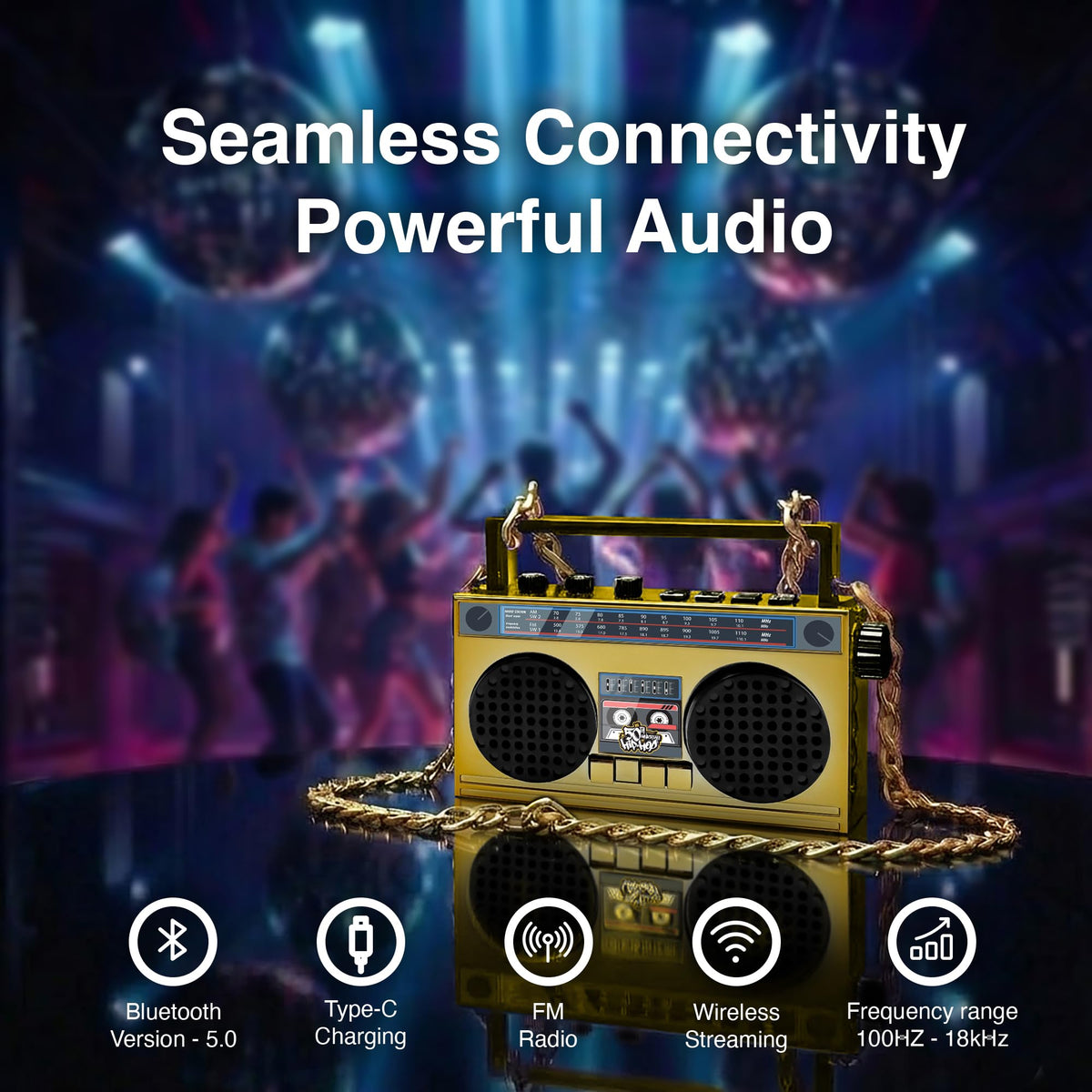 Built-in FM radio tuner on the 50th Anniversary Hip Hop speaker panel.