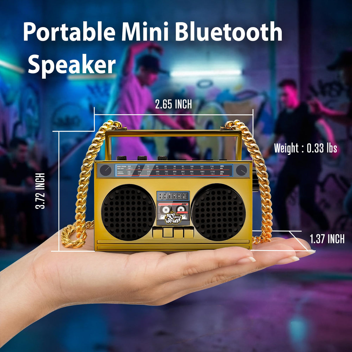 Front view of the 50th Anniversary Hip Hop mini boombox with retro styling.