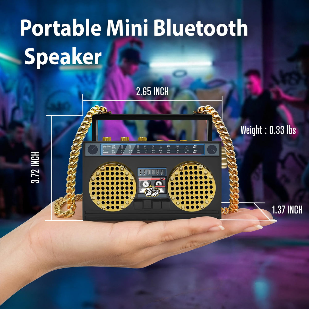 Worn on neck chain, the 50th Anniversary Hip Hop mini boombox enables hands-free music