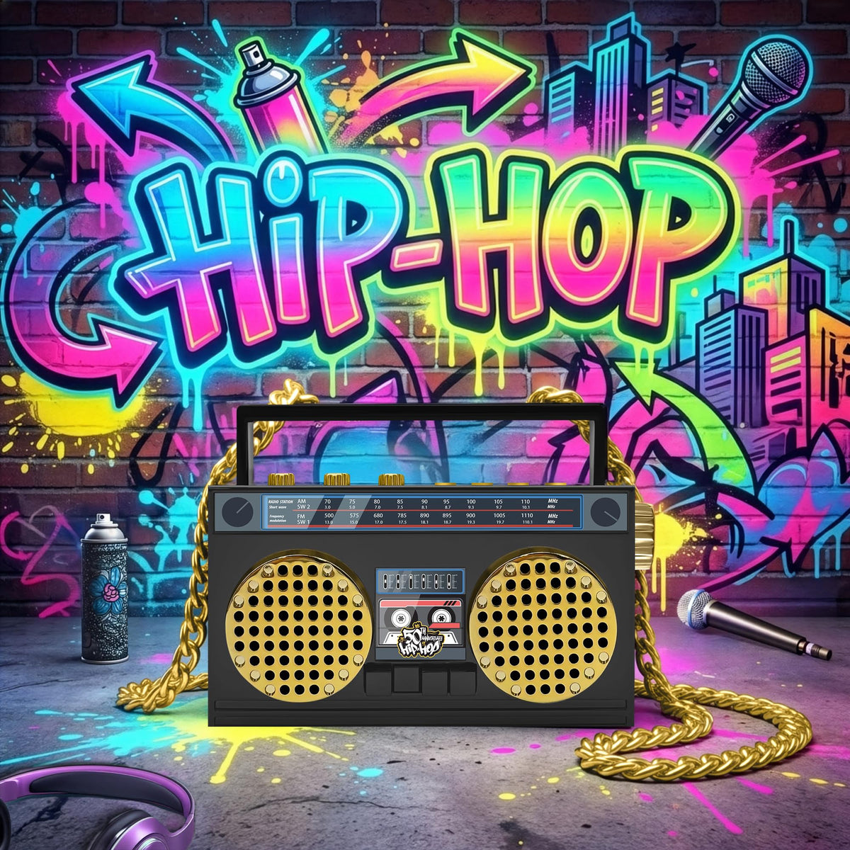 Package includes neck chain and USB-C cable for the 50th Anniversary Hip Hop mini boombox