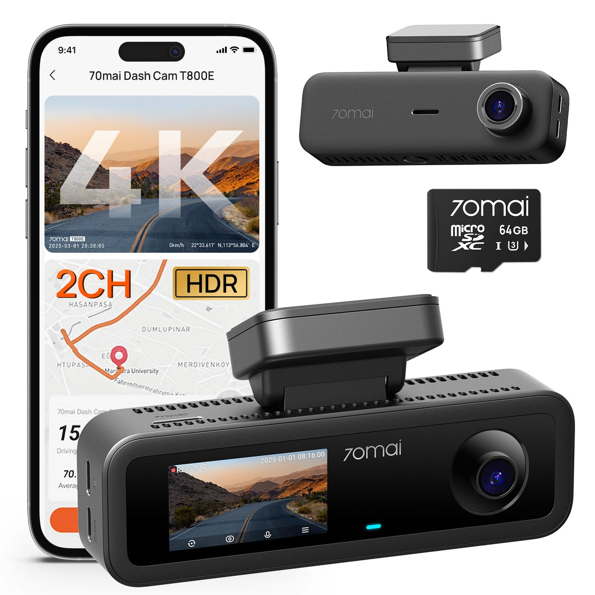 70mai 4K dash cam front view with wide-angle HDR footage