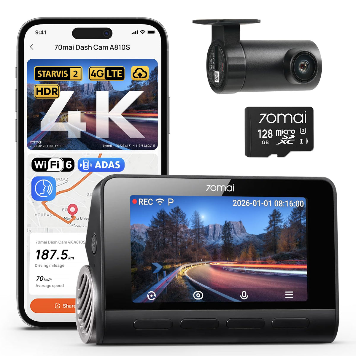 70mai 4K front dash cam with STARVIS2 for sharp road detail
