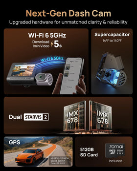 70mai 512GB memory card included enables extended loop recording.