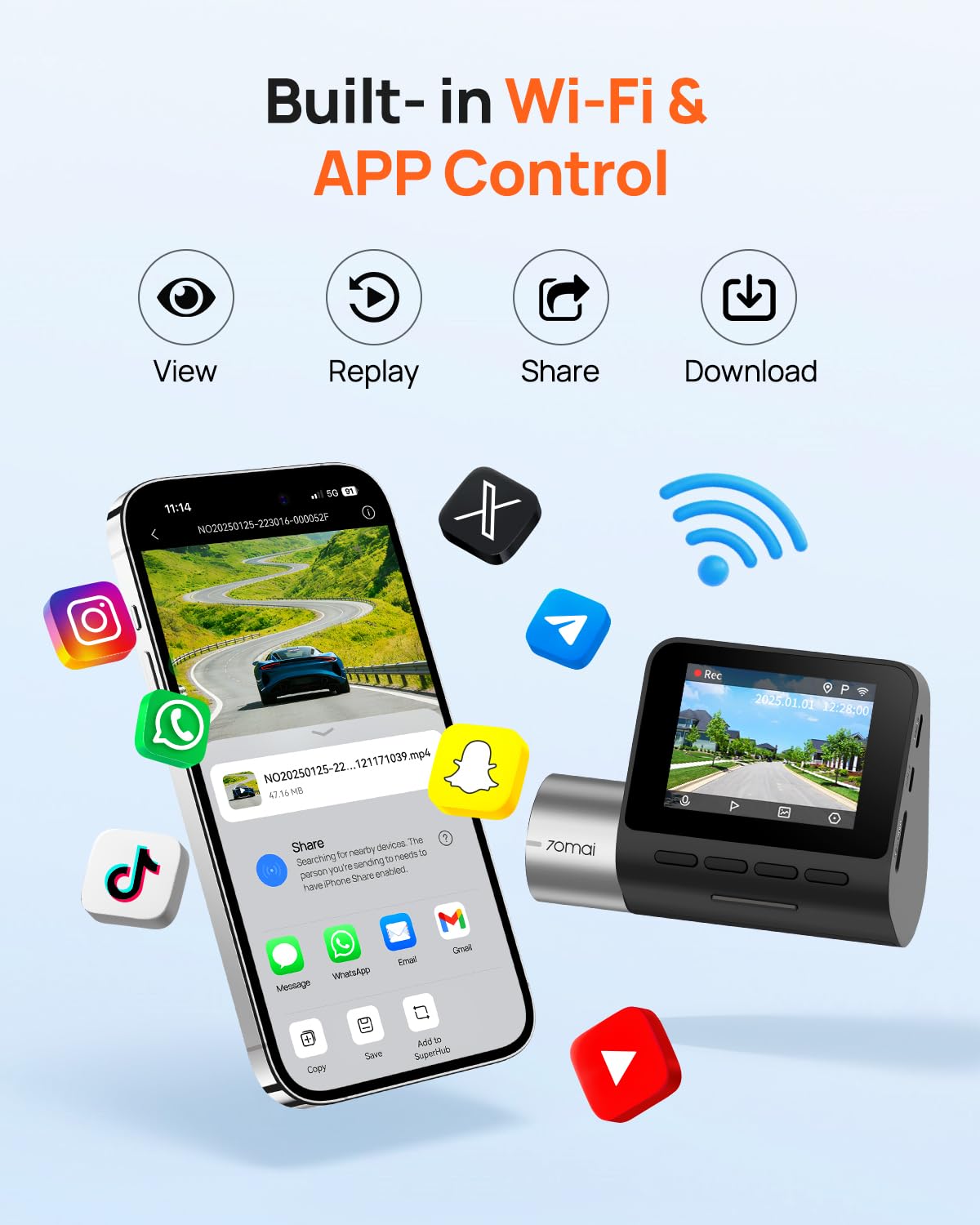 70mai A500S WiFi app control for quick video sharing and settings