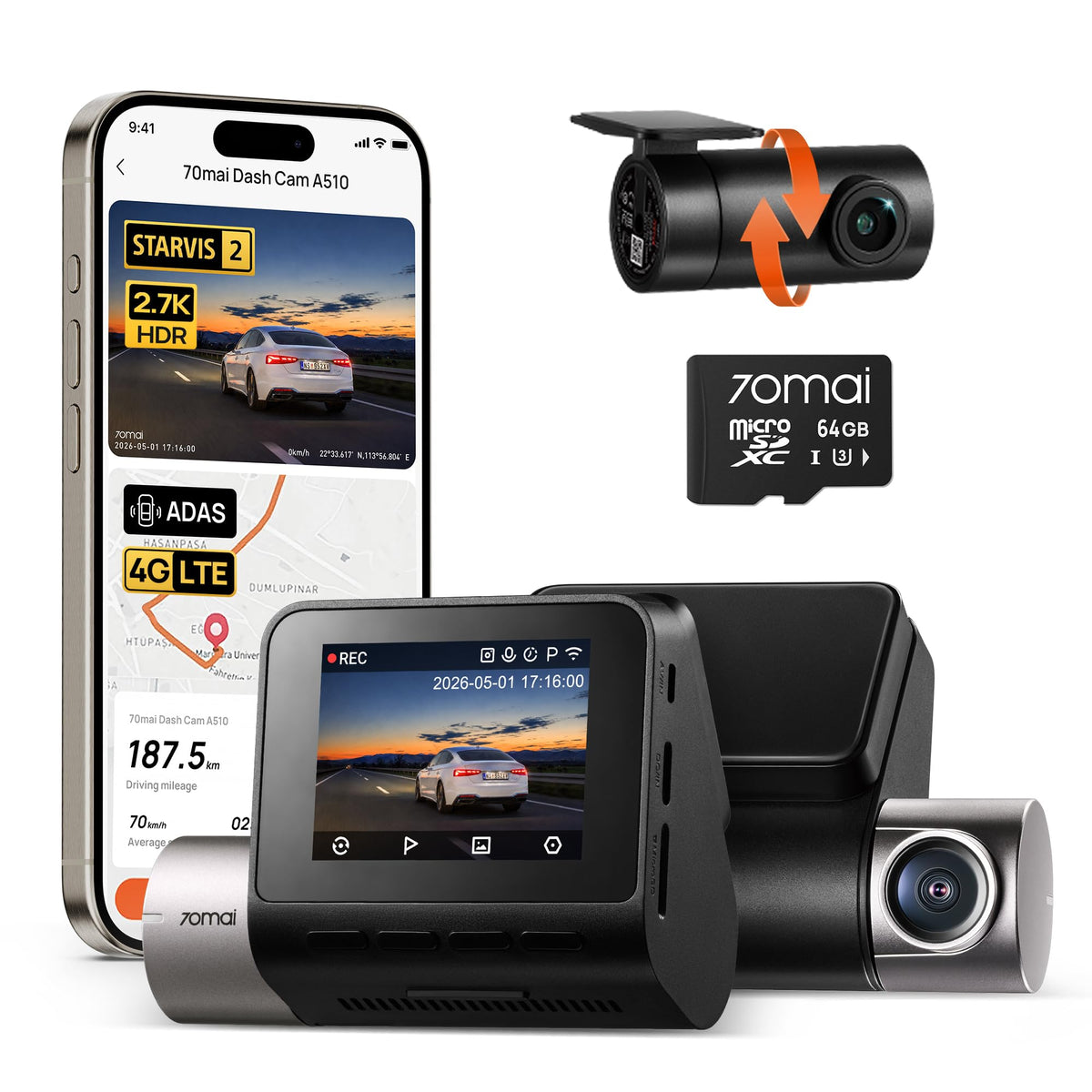 70mai A510 front dash cam captures 1944P clarity for daytime driving