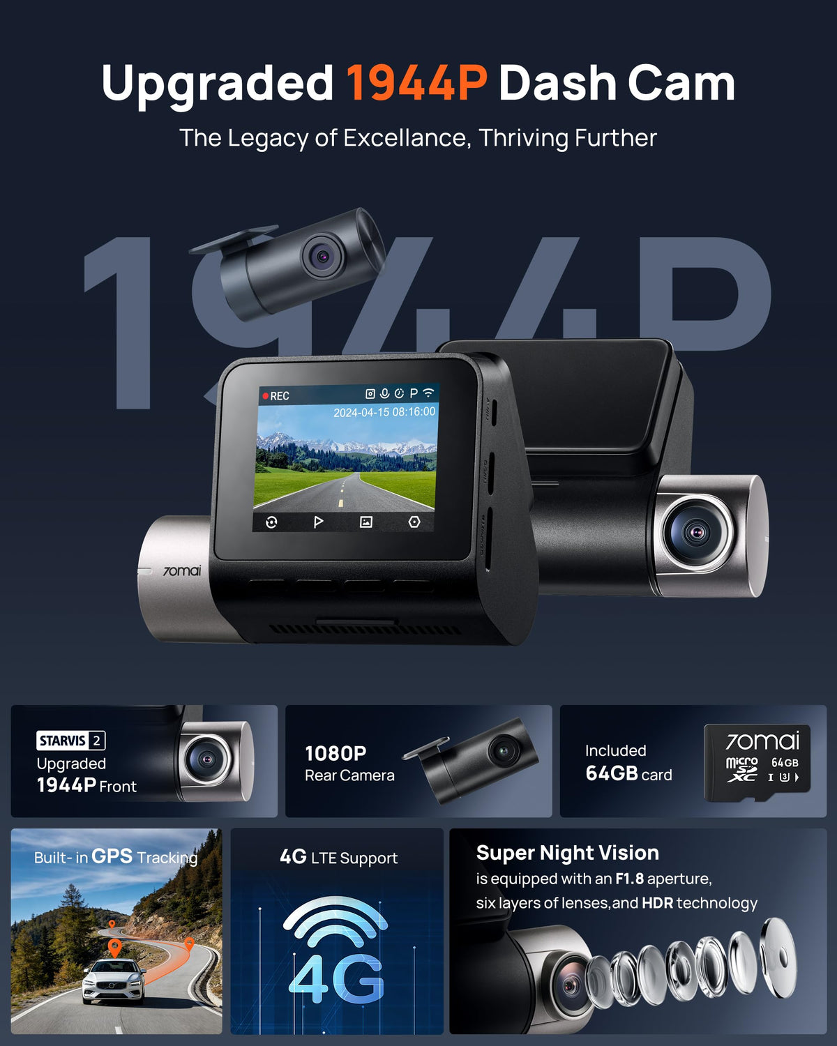 70mai A510 rear dash cam records 1080P with wide coverage