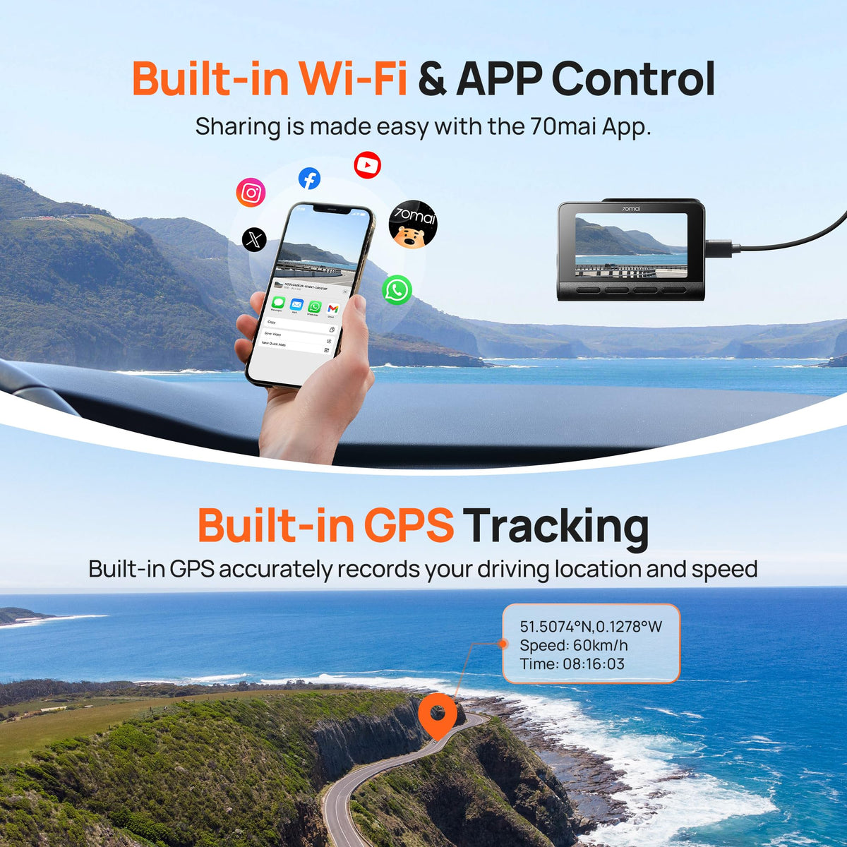 70mai A800S ADAS detects lane marks and provides real time alerts