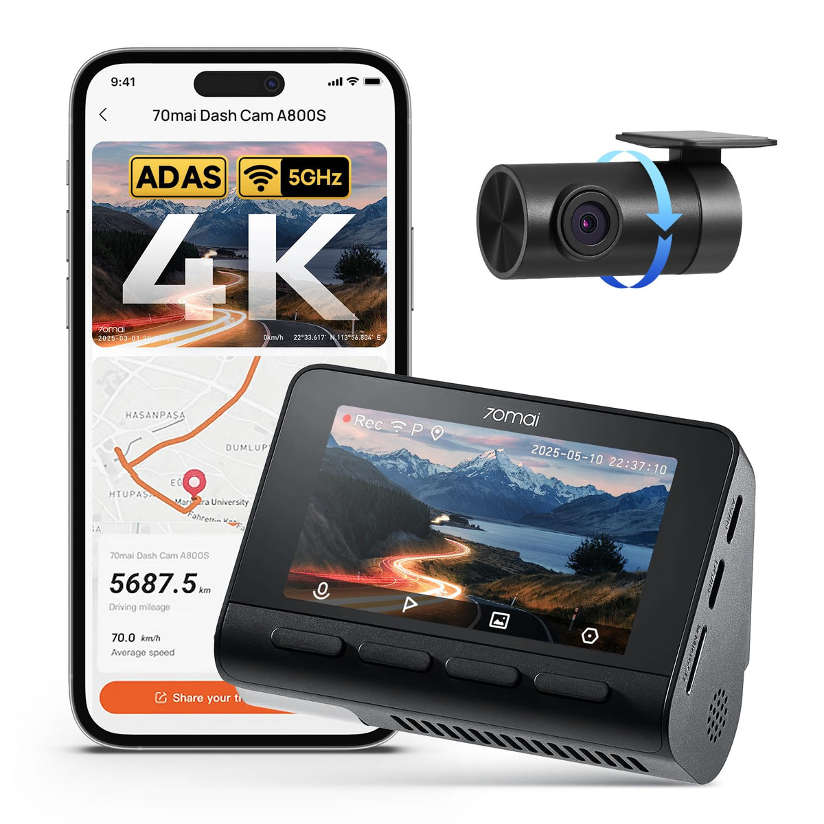 70mai A800S front dashcam with 4K recording for crisp, detailed footage