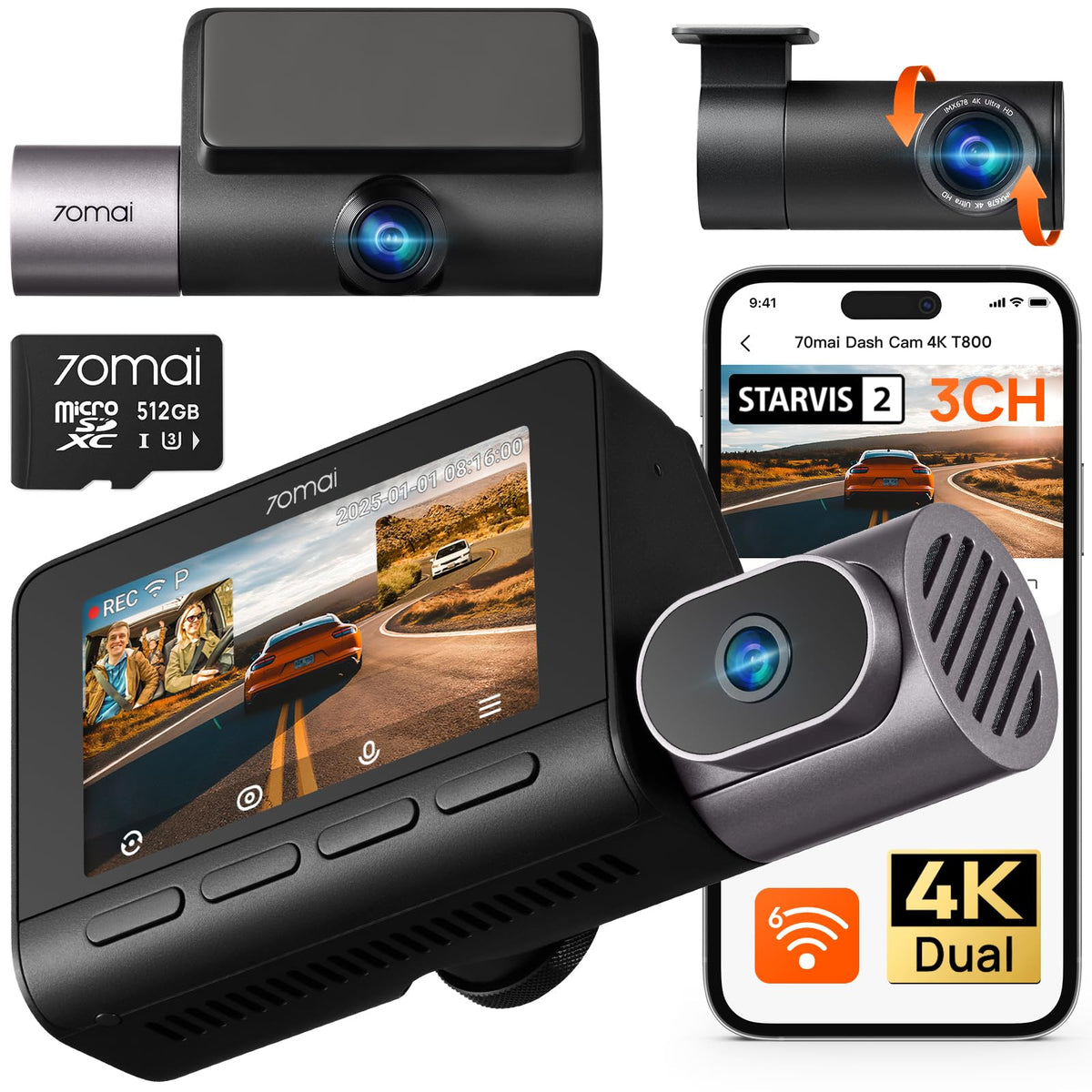 70mai 4K T800 front camera captures crystal road details for clear evidence.