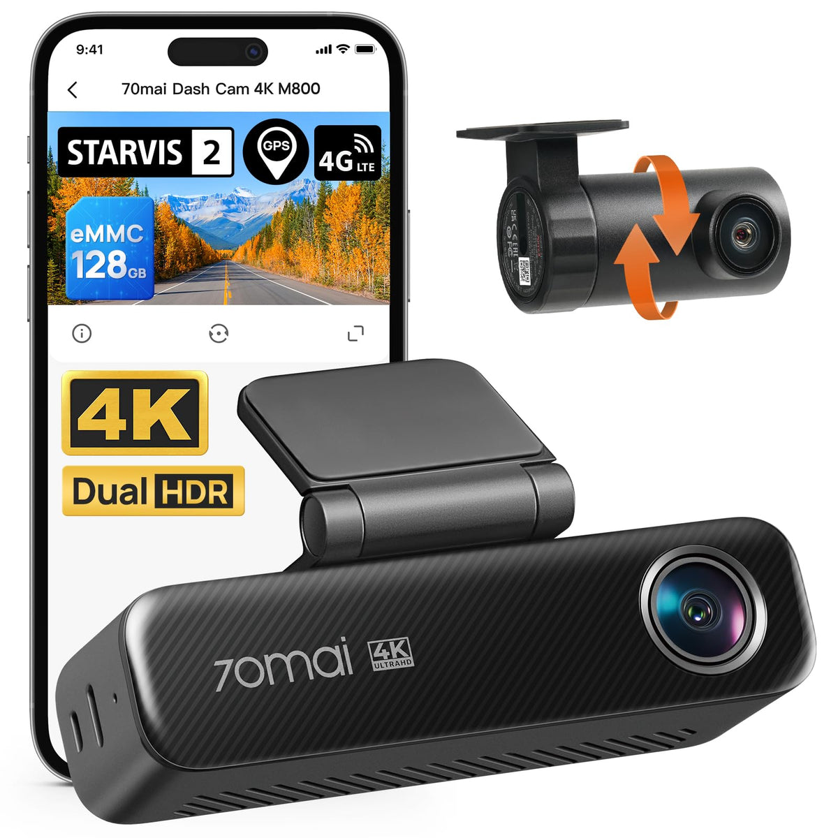 70mai M800 front camera 4K video for crystal-clear road footage and license plates.