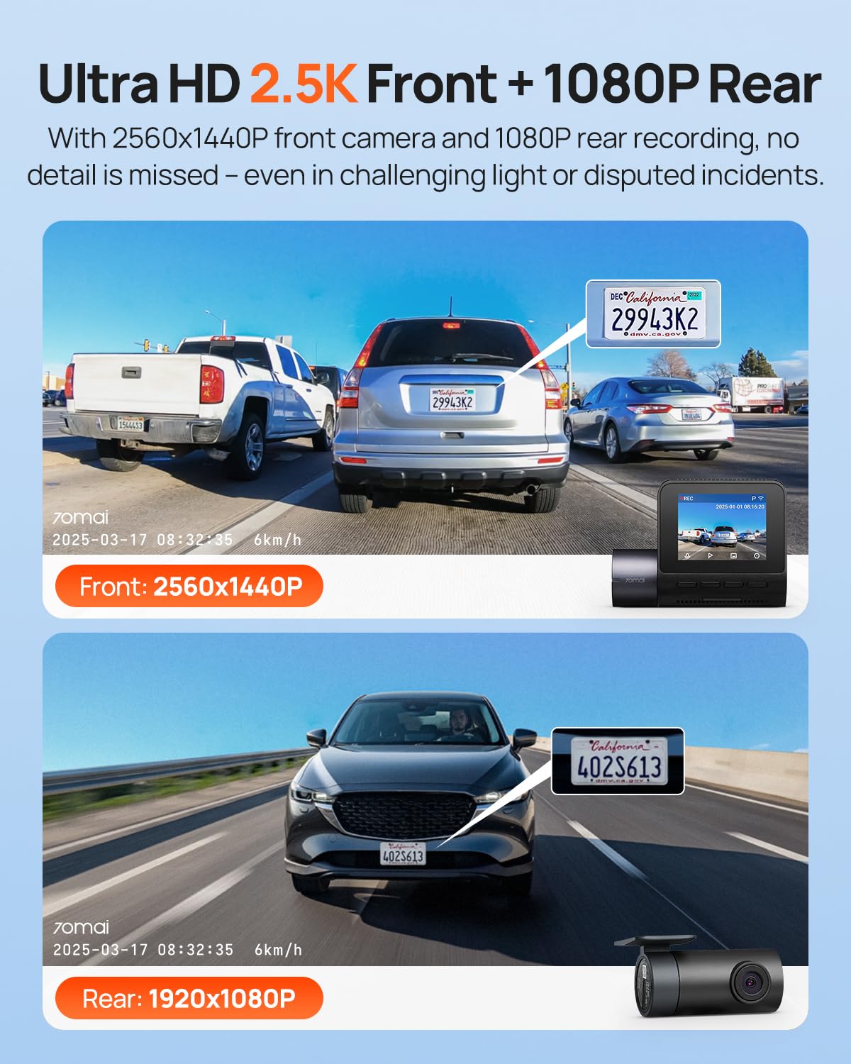 70mai rear dash cam 1080p records traffic behind with clarity