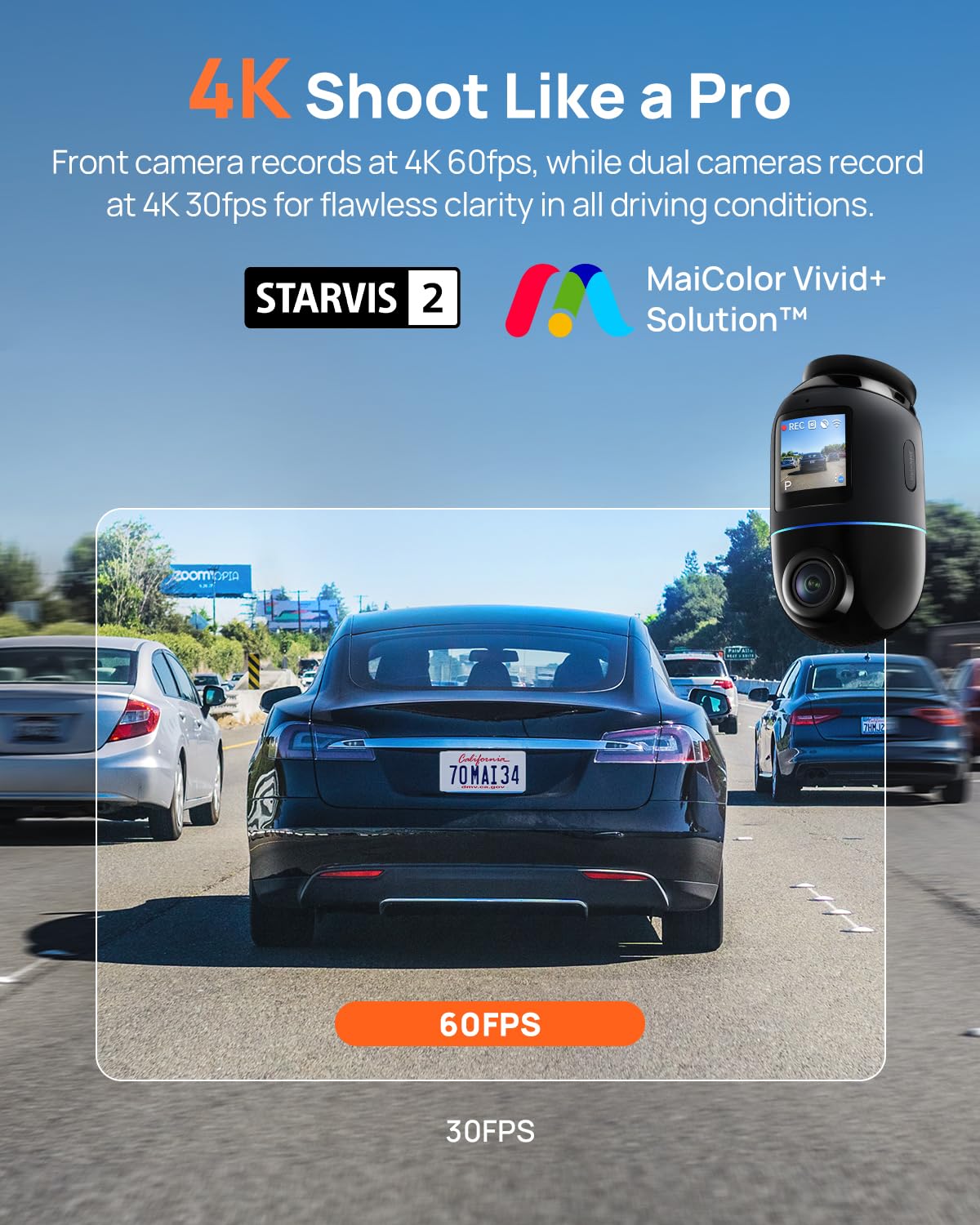 70mai rear dash cam 4K Omni X800 records rear traffic clearly for full coverage.