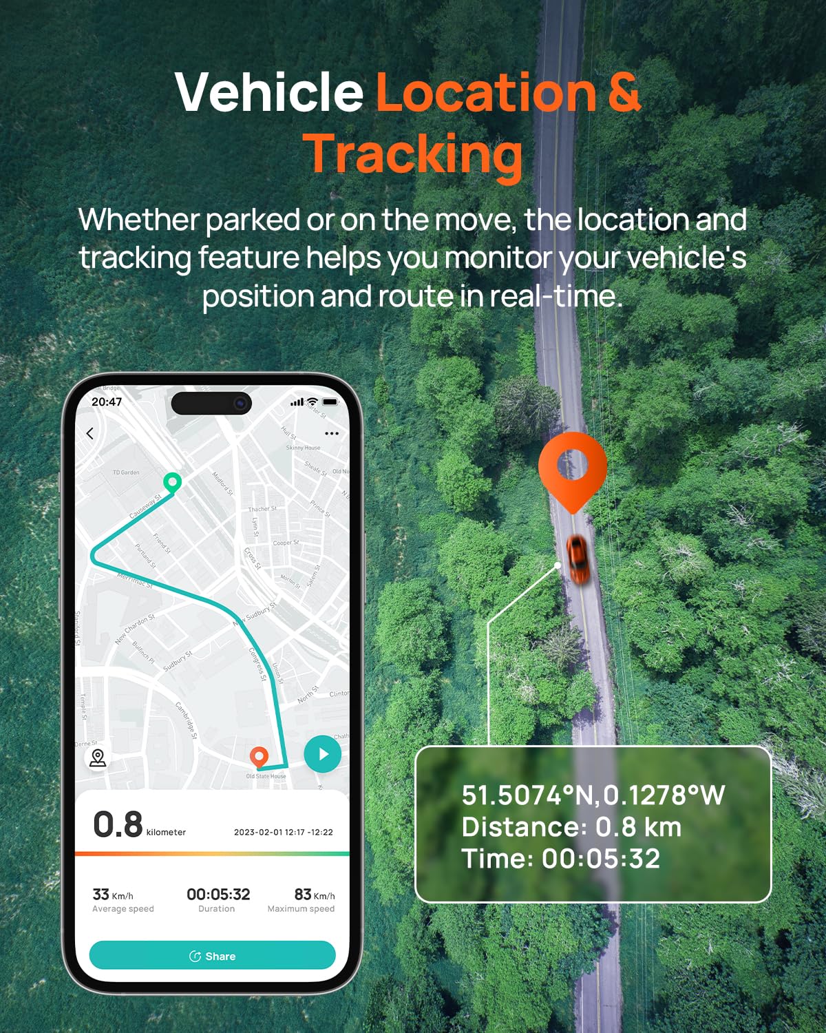 Remote monitoring app view shows real time car status from anywhere.