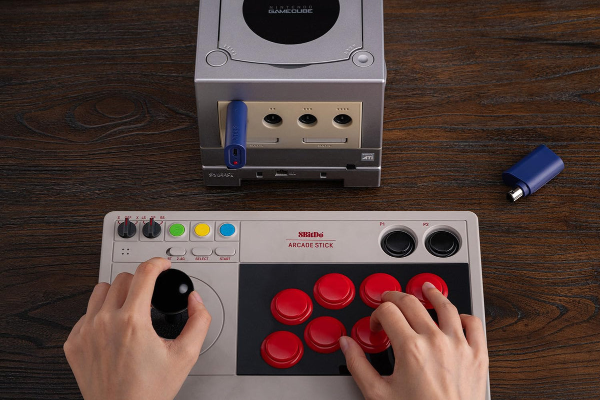 8BitDo receiver in a living room gaming setup showing convenience and neat wiring