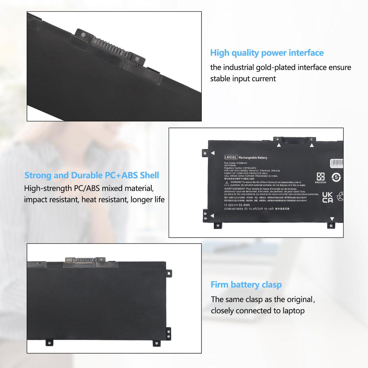A Amanda LK03XL capacity specs note 3-cell 55.8Wh design.