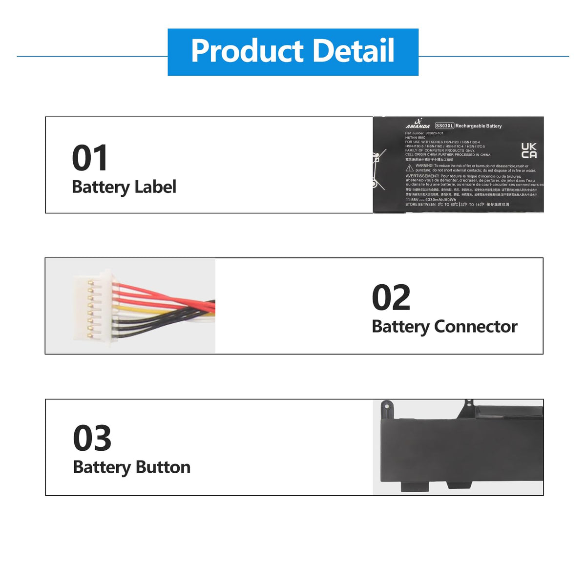 A AMANDA SS03XL battery top label for quick identification