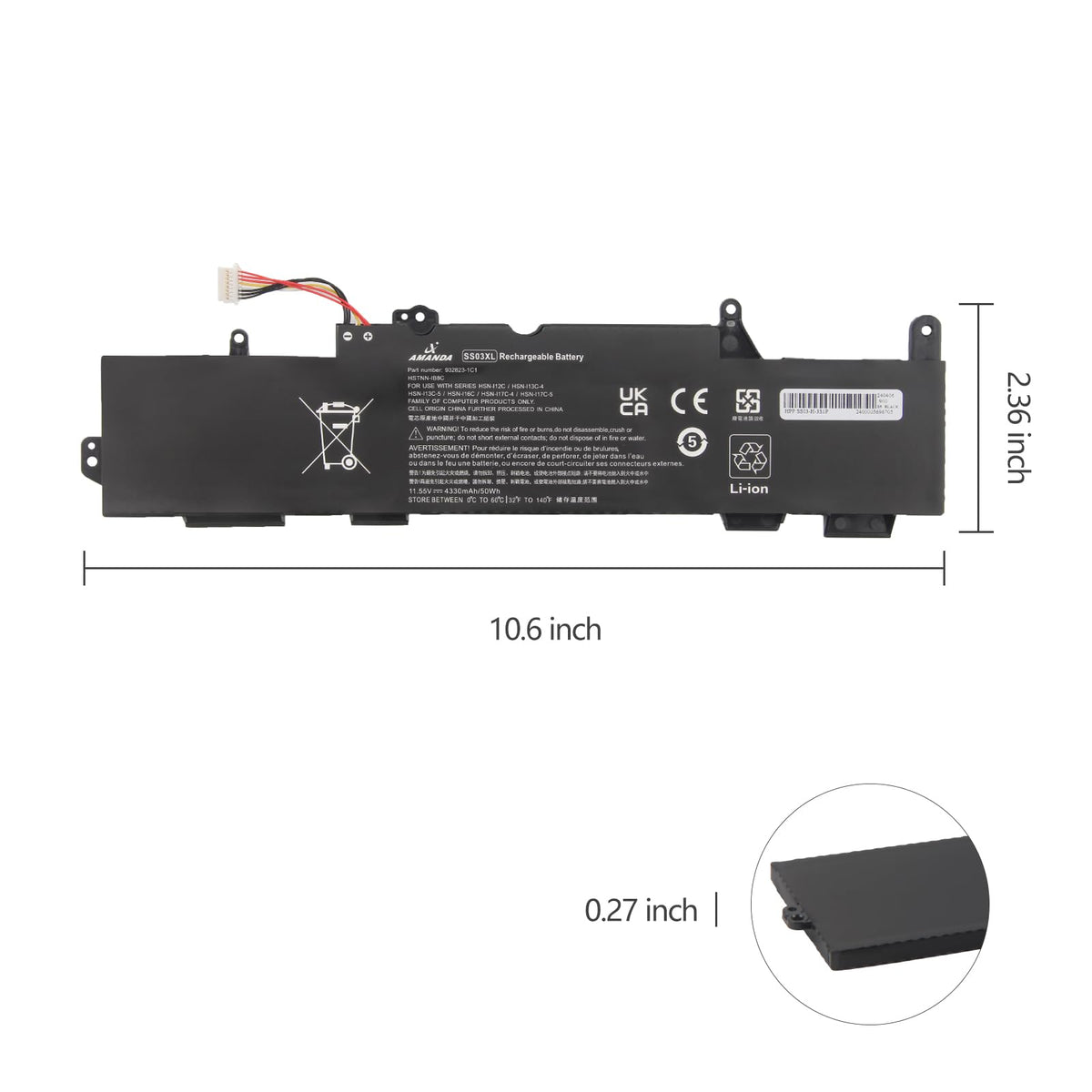 A AMANDA SS03XL battery packaging box showing compatibility and capacity