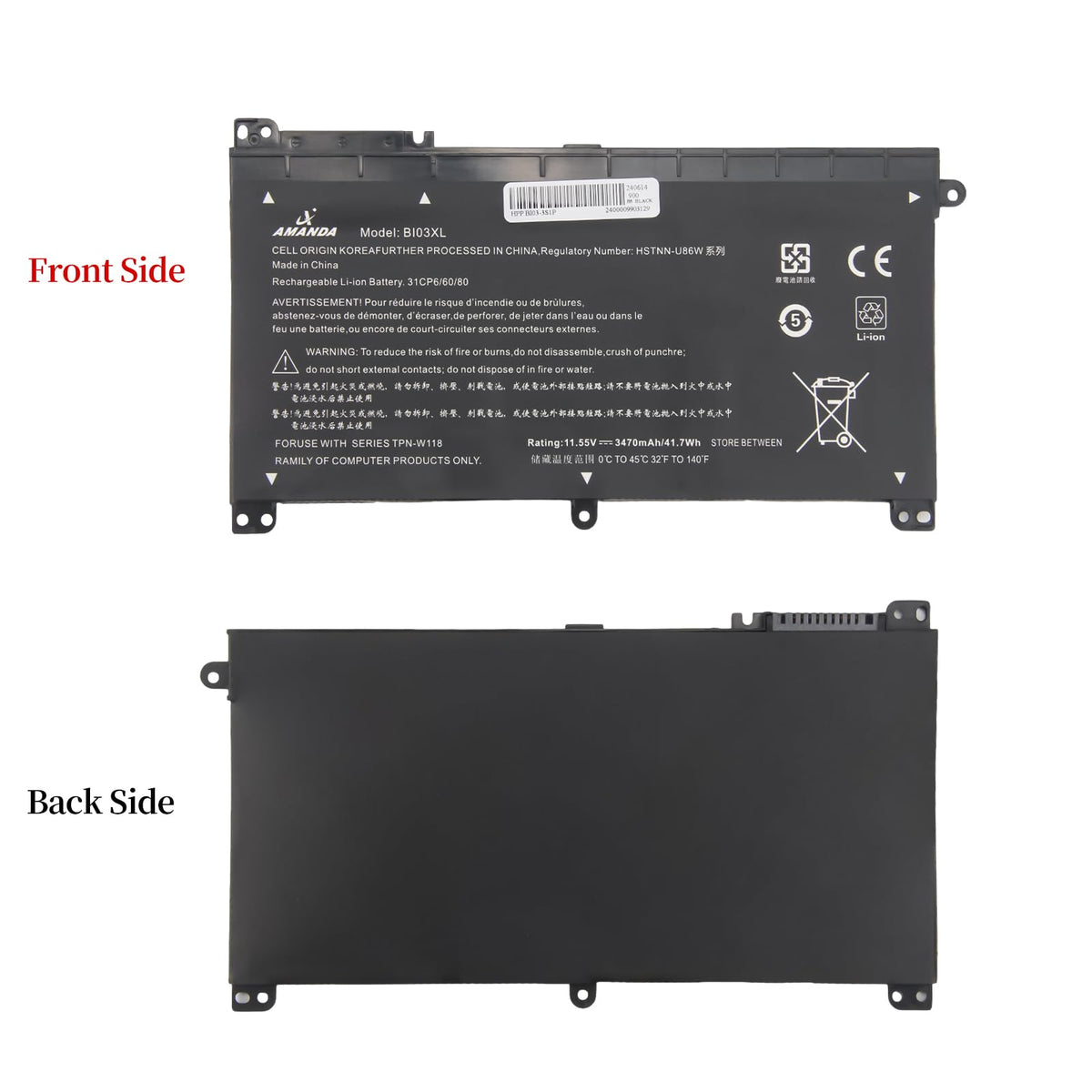 A Amanda BI03XL battery on desk ready for install and testing
