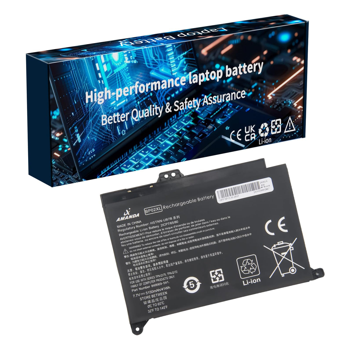 A AMANDA BP02XL battery front view for HP Pavilion, offering extended runtime.