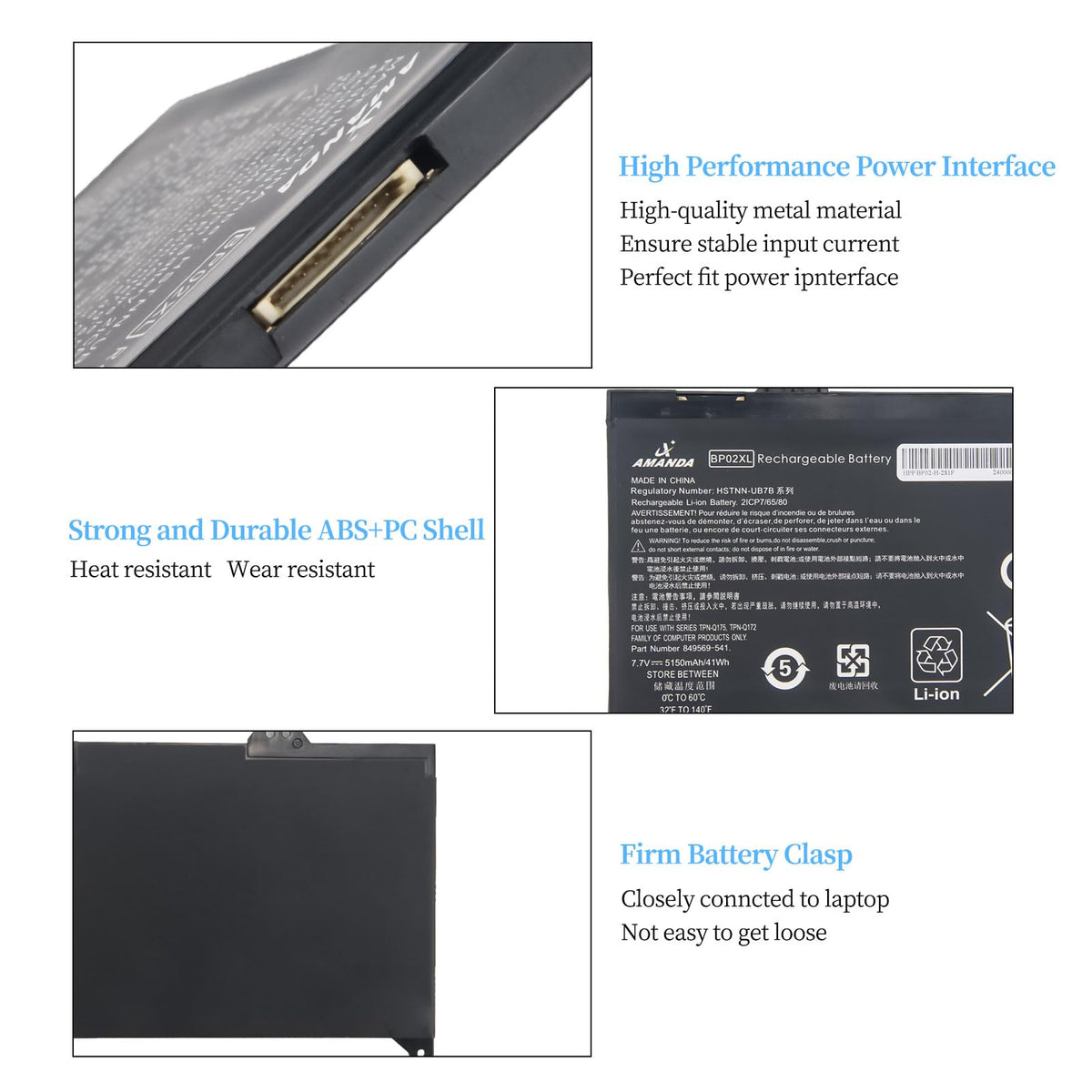 A AMANDA BP02XL battery label showing safety and specs.