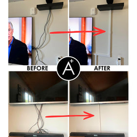 A+ ELECTRIC installed behind TV hiding power and HDMI cables for tidy media setup