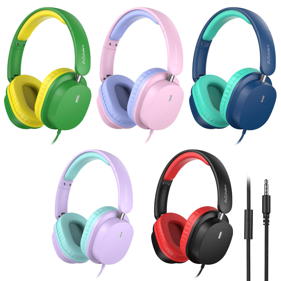 A+ Scholars front view of five-pack bulk headphones showing packaging and benefits