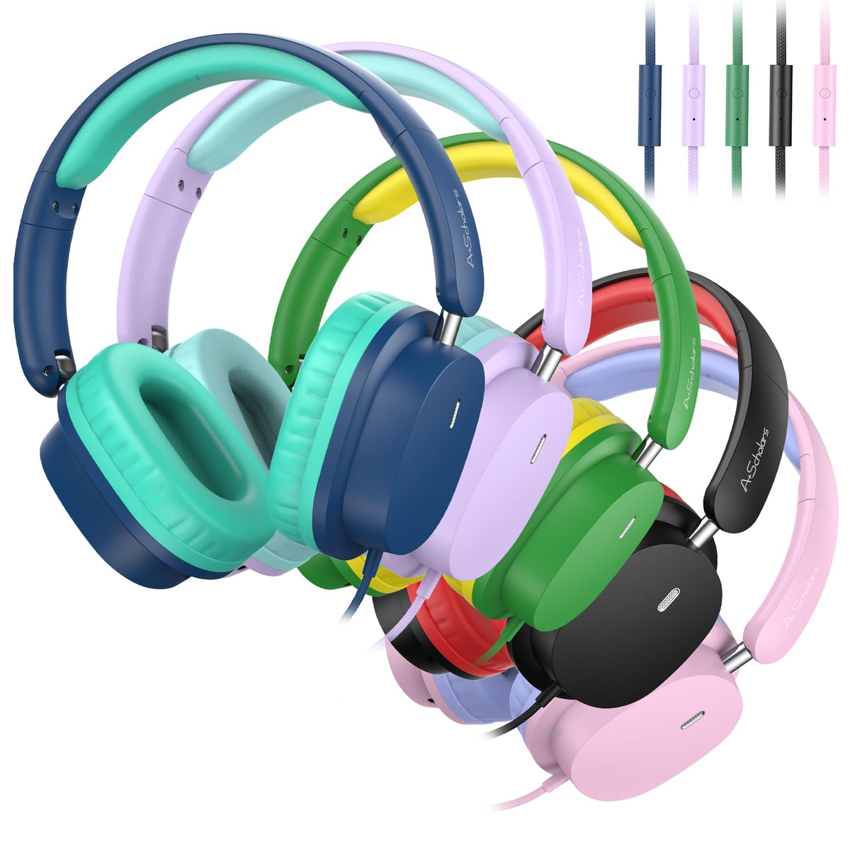 A+ Scholars front view showing colorful kids headphones, clear identification benefit