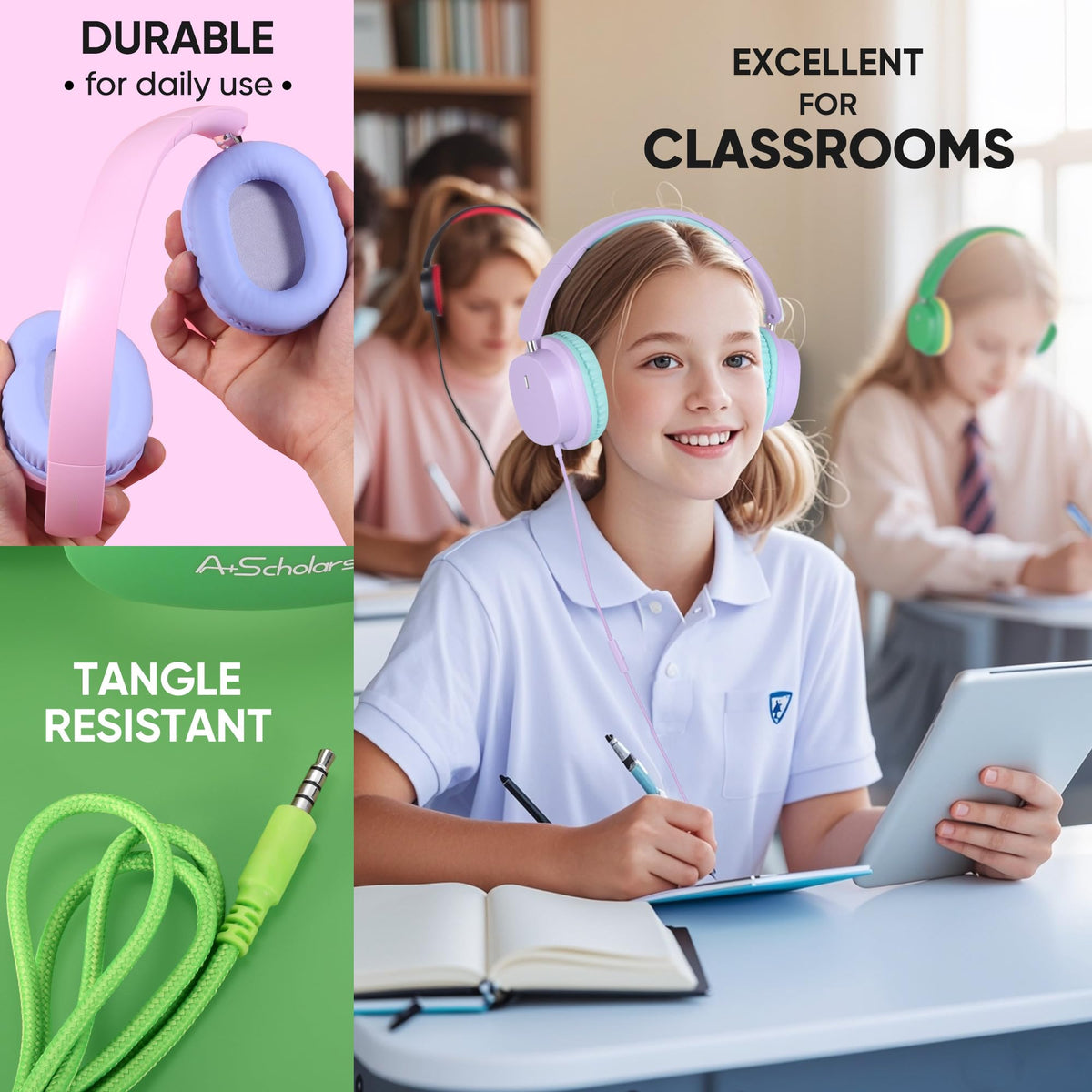 A+ Scholars inline microphone and cable detail for clear spoken communication