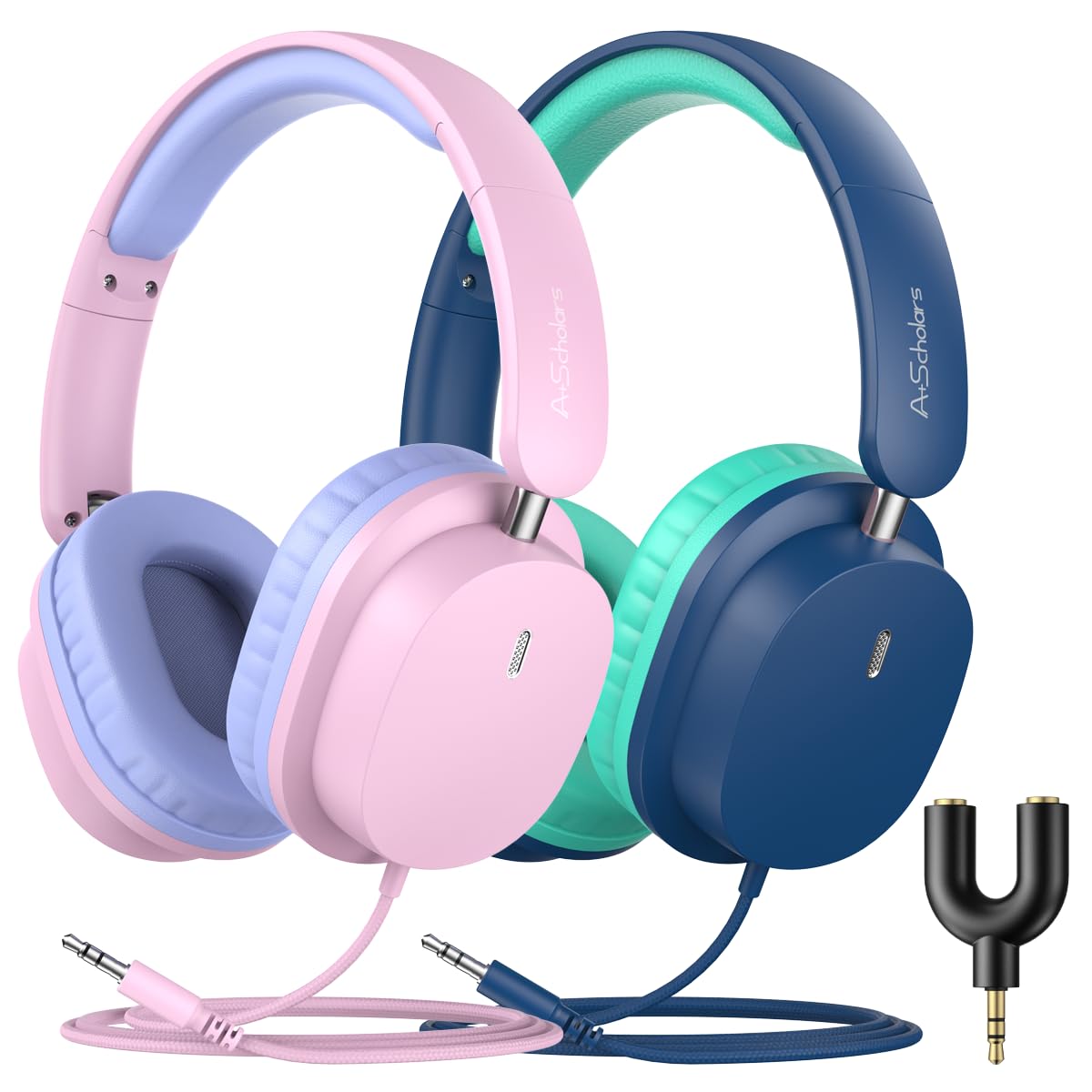 A+ Scholars sharing splitter headphones for two kids listening together