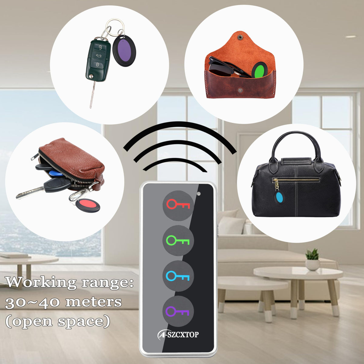 A-SZCXTOP receiver attached to keys improves everyday finding.