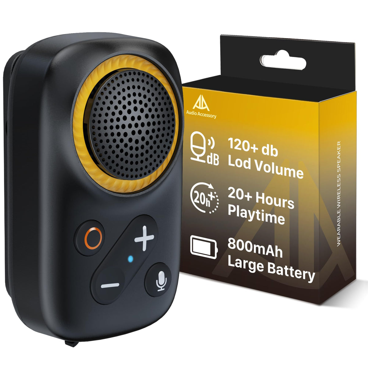 AA Audio Accessory wearable Bluetooth speaker clip-on with long-lasting 800mAh battery for all-day use
