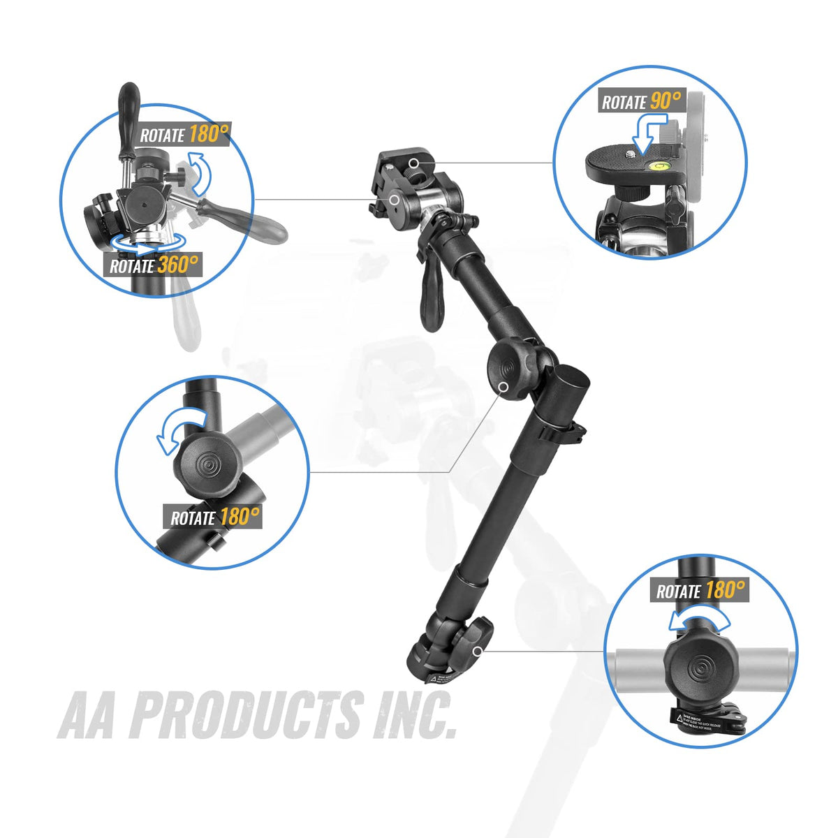 AA Products T-100AP quick-release knobs and clamps enable easy adjustments.