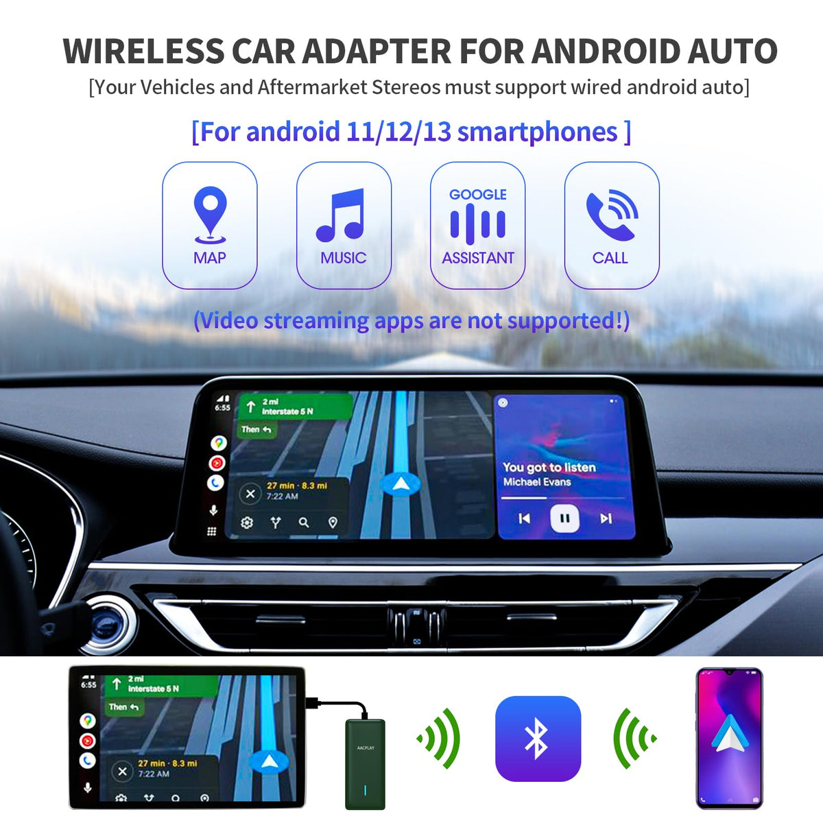 AACPLAY compact design dongle fits discreetly on the dash