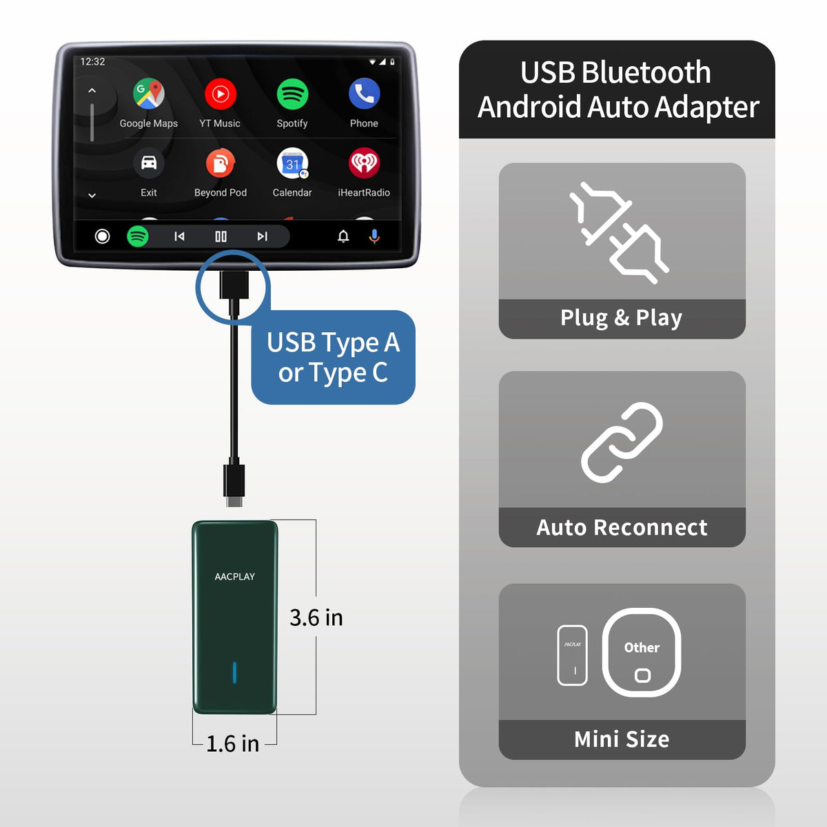 AACPLAY USB-C adapter included for flexible car port use