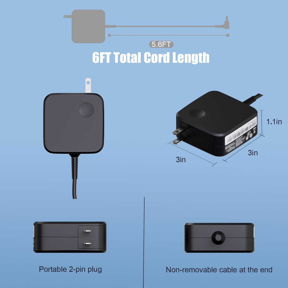 aarleduu 65W charger close-up showing 4.0x1.7mm connector for reliable plug