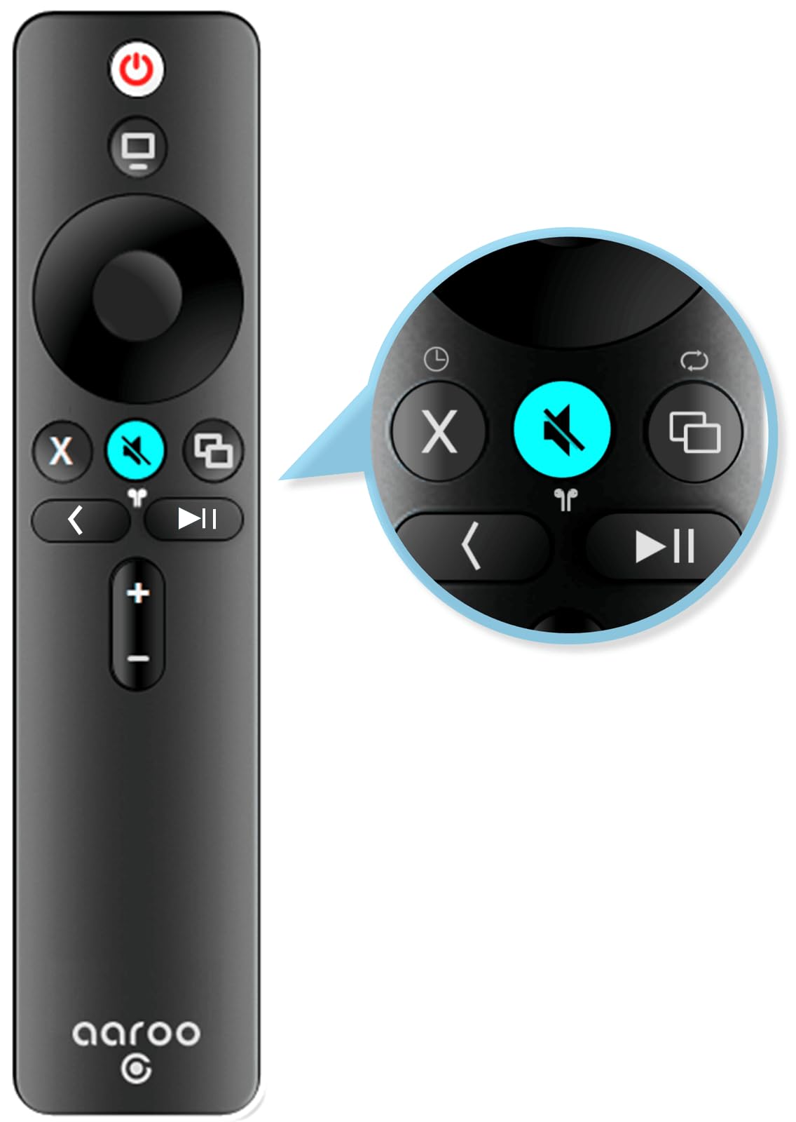 Aaroogo Apple TV remote front view with 14-button layout for quick navigation