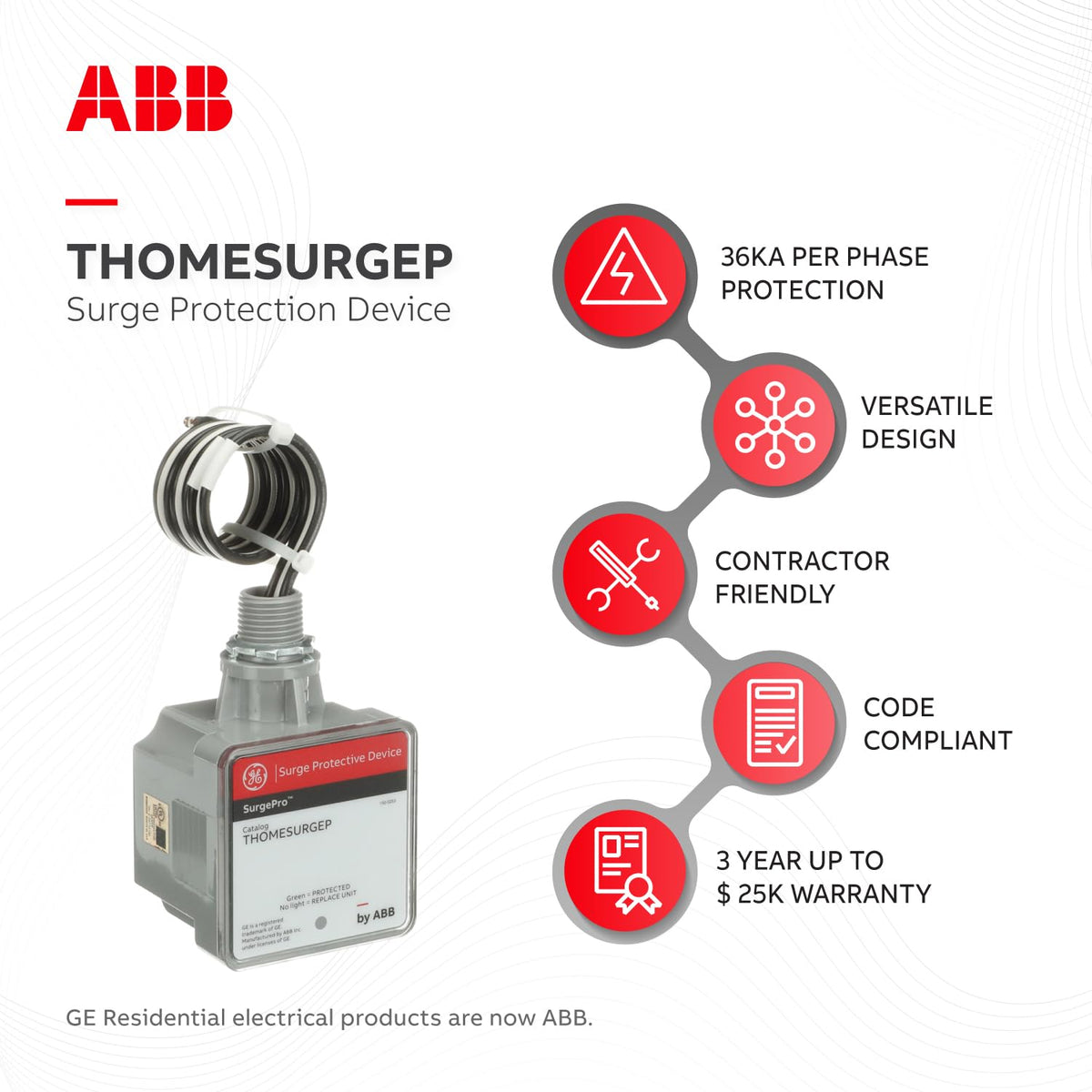 ABB THOMESURGEP wiring connection detail displaying clear terminals and safe installation benefits
