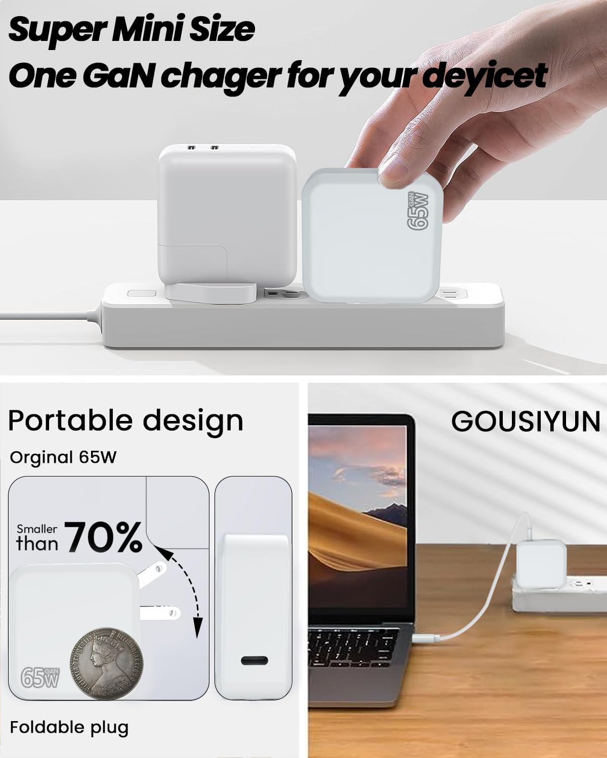 Abcurd 65W USB-C charger with Type-C adapter for global use.