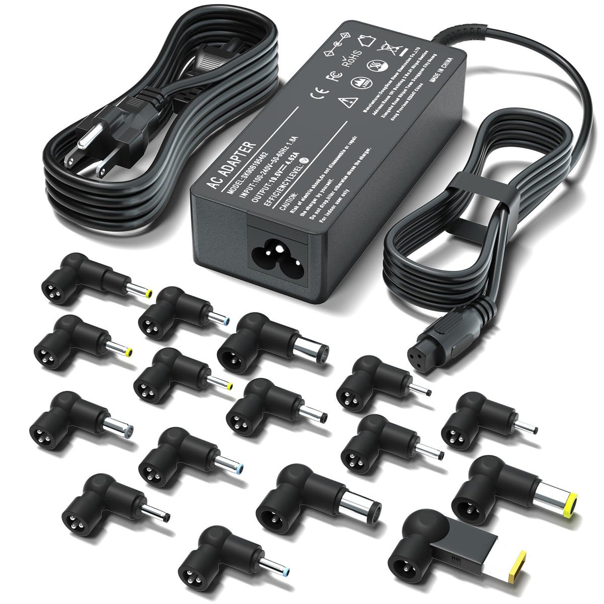 Abcurd 90W universal laptop charger front view demonstrates a sleek, versatile power solution for many laptops.