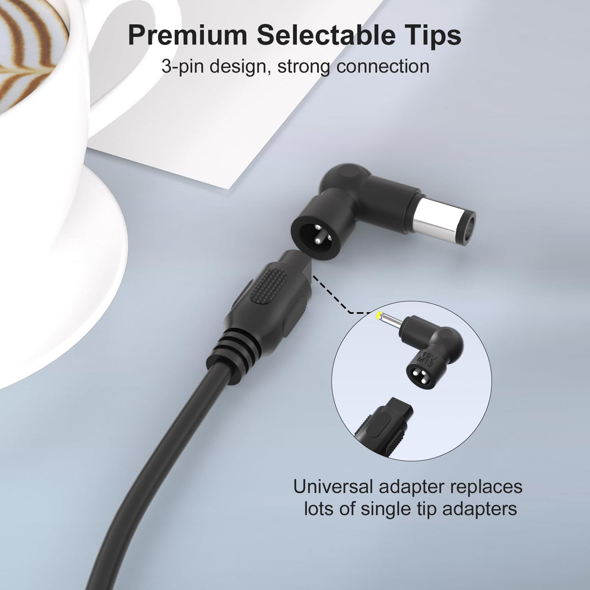 Abcurd 90W universal laptop charger 16-tips selection showcases quick model compatibility.