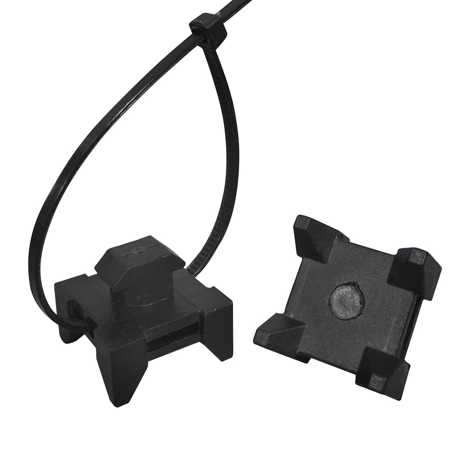 Abeicy front view of packaging showing 25 mounts and 50 zip ties, ready-to-install benefit