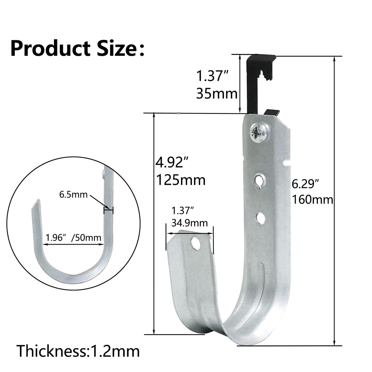 Abeicy J-hook next to ruler showing 2-inch capacity for cable volume planning